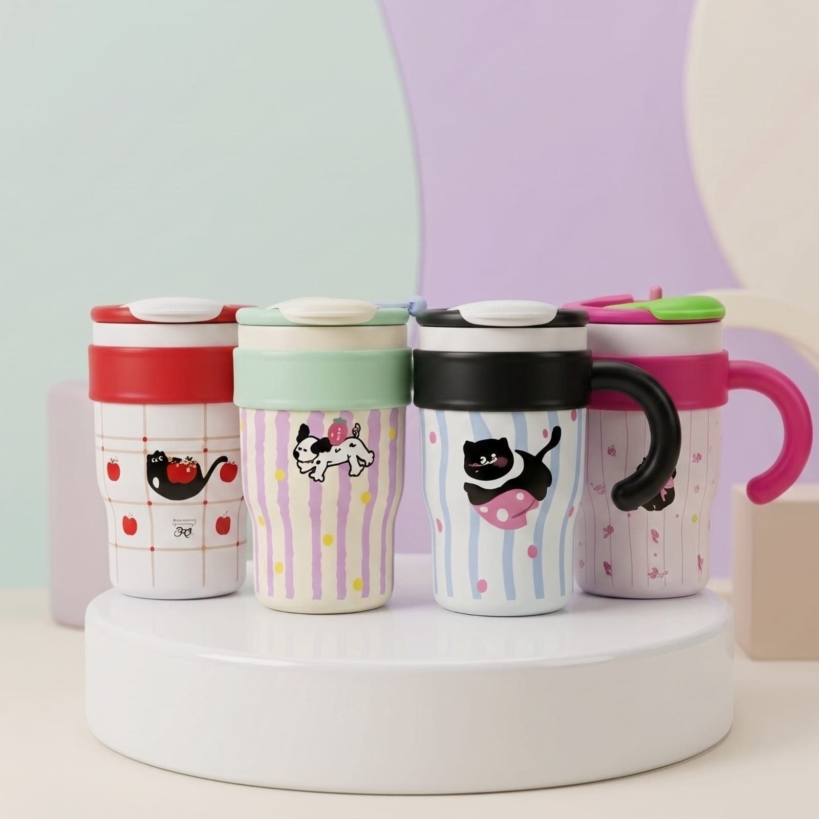 KidKik 900ml Cute Cat Print Kids Tumbler with Handle