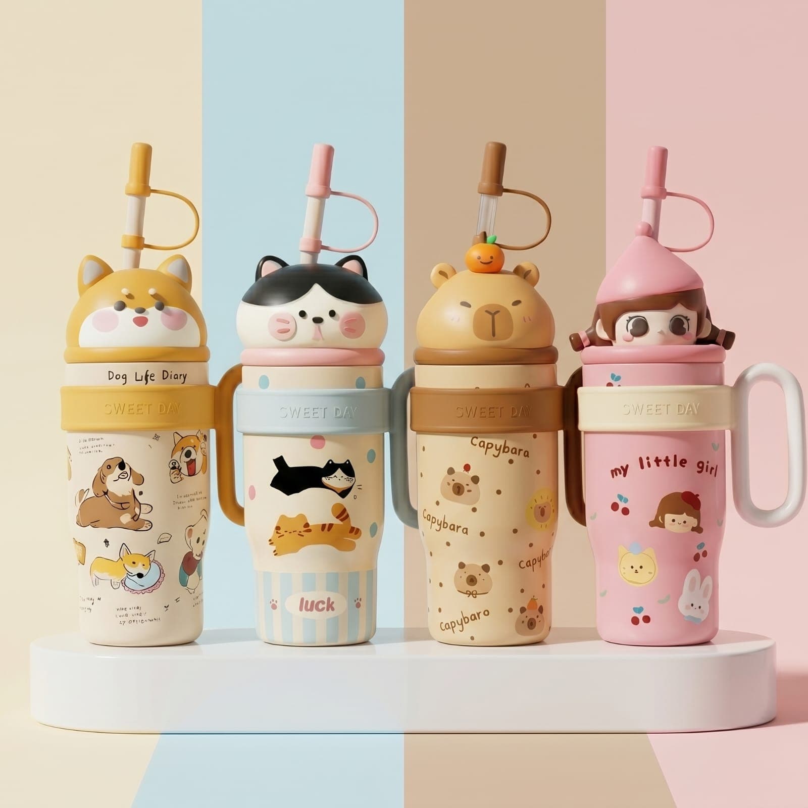 900ml Cute Character Straw Tumbler