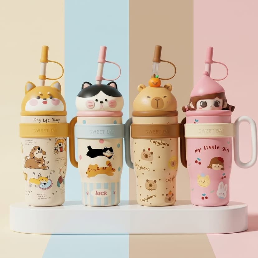 KidKik 900ml Cute Character Kids Straw Tumbler with Handle Leakproof